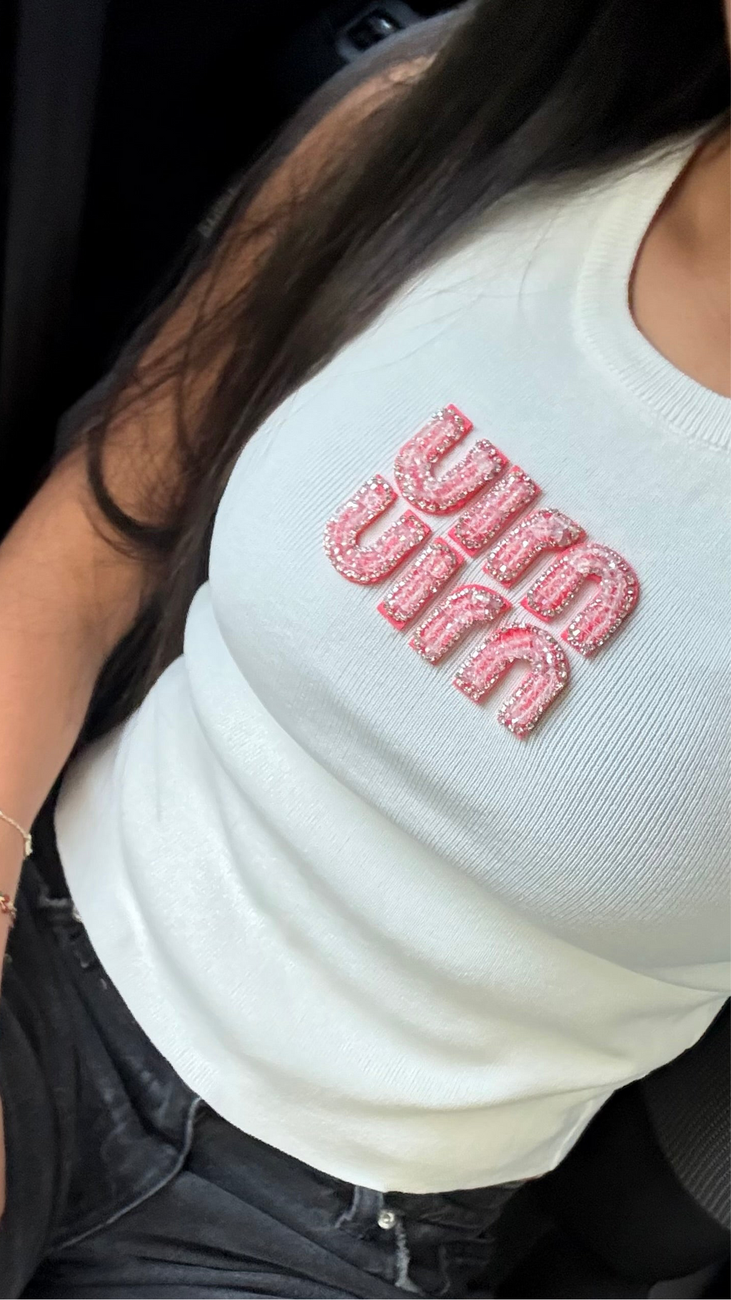 Top blanc MiuMiu a diamant rose